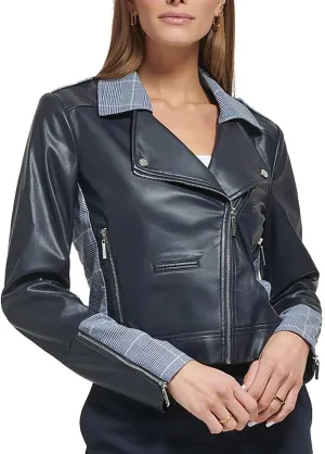 DKNY Womens Plus Mixed Media Faux Leather Leather Jacket Navy 10
