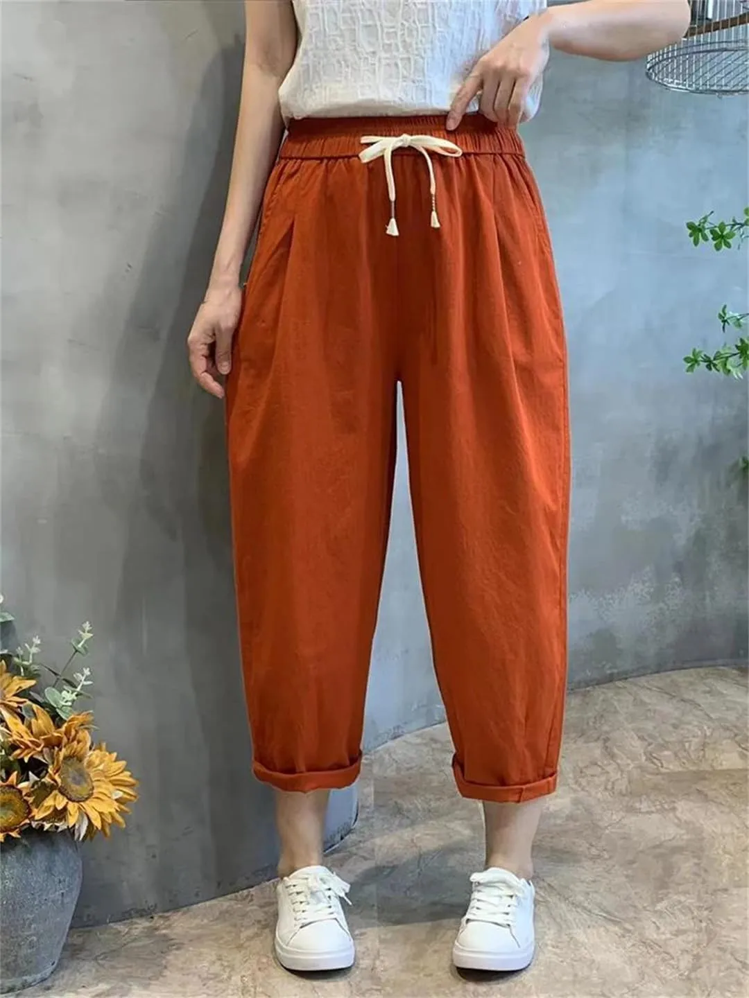 Dndrdhfb Women's Cotton Harem Pants Loose Elastic Waist Bloomers Elastic Jogging Pants
