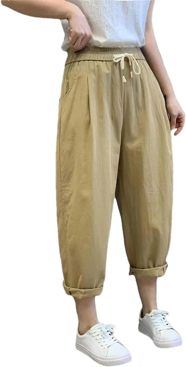 Dndrdhfb Women's Cotton Harem Pants Loose Elastic Waist Bloomers Elastic Jogging Pants