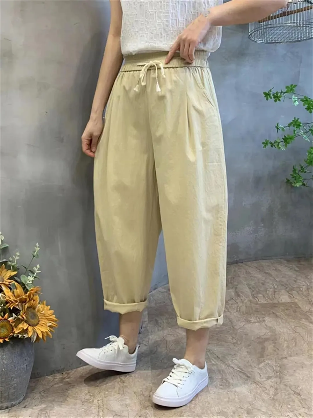 Dndrdhfb Women's Cotton Harem Pants Loose Elastic Waist Bloomers Elastic Jogging Pants