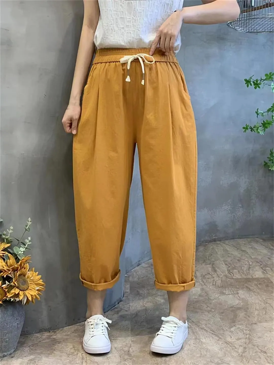 Dndrdhfb Women's Cotton Harem Pants Loose Elastic Waist Bloomers Elastic Jogging Pants