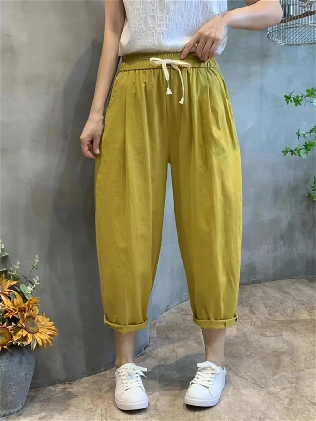 Dndrdhfb Women's Cotton Harem Pants Loose Elastic Waist Bloomers Elastic Jogging Pants