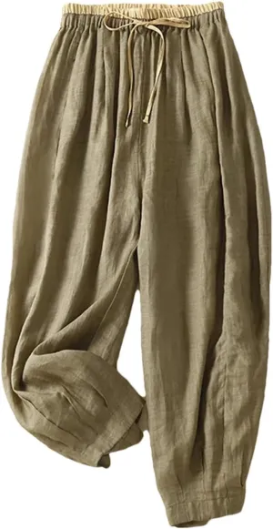 Dndrdhfb Women's Cotton Wide Leg Pants Solid Color Elastic Waist Harem Pants Loose Pants