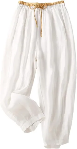 Dndrdhfb Women's Cotton Wide Leg Pants Solid Color Elastic Waist Harem Pants Loose Pants