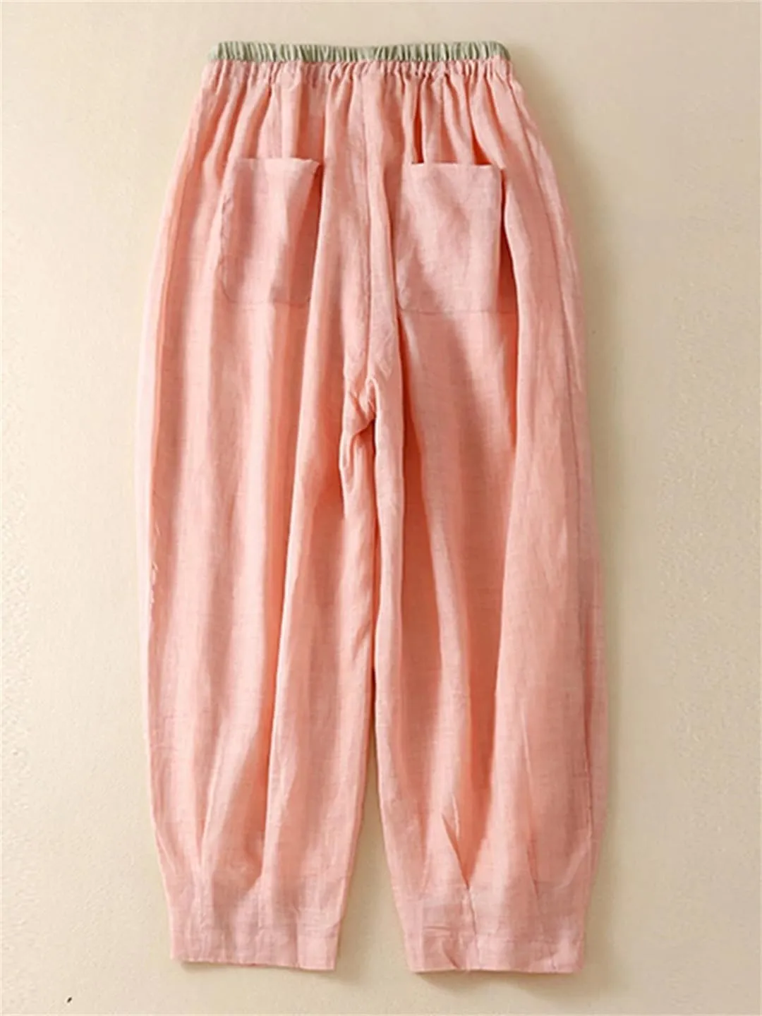 Dndrdhfb Women's Cotton Wide Leg Pants Solid Color Elastic Waist Harem Pants Loose Pants