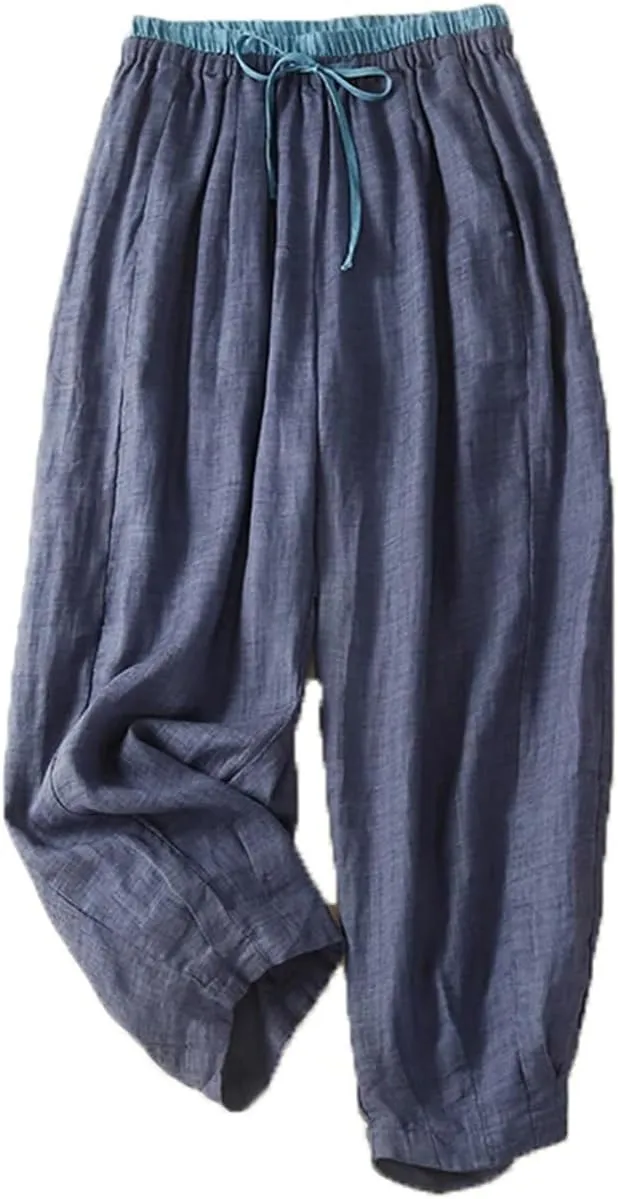 Dndrdhfb Women's Cotton Wide Leg Pants Solid Color Elastic Waist Harem Pants Loose Pants