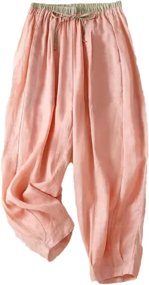 Dndrdhfb Women's Cotton Wide Leg Pants Solid Color Elastic Waist Harem Pants Loose Pants