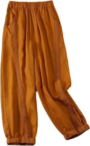 Dndrdhfb Women's High Waist Harem Pants Spliced Elastic Wide Leg Pants Cotton Trousers