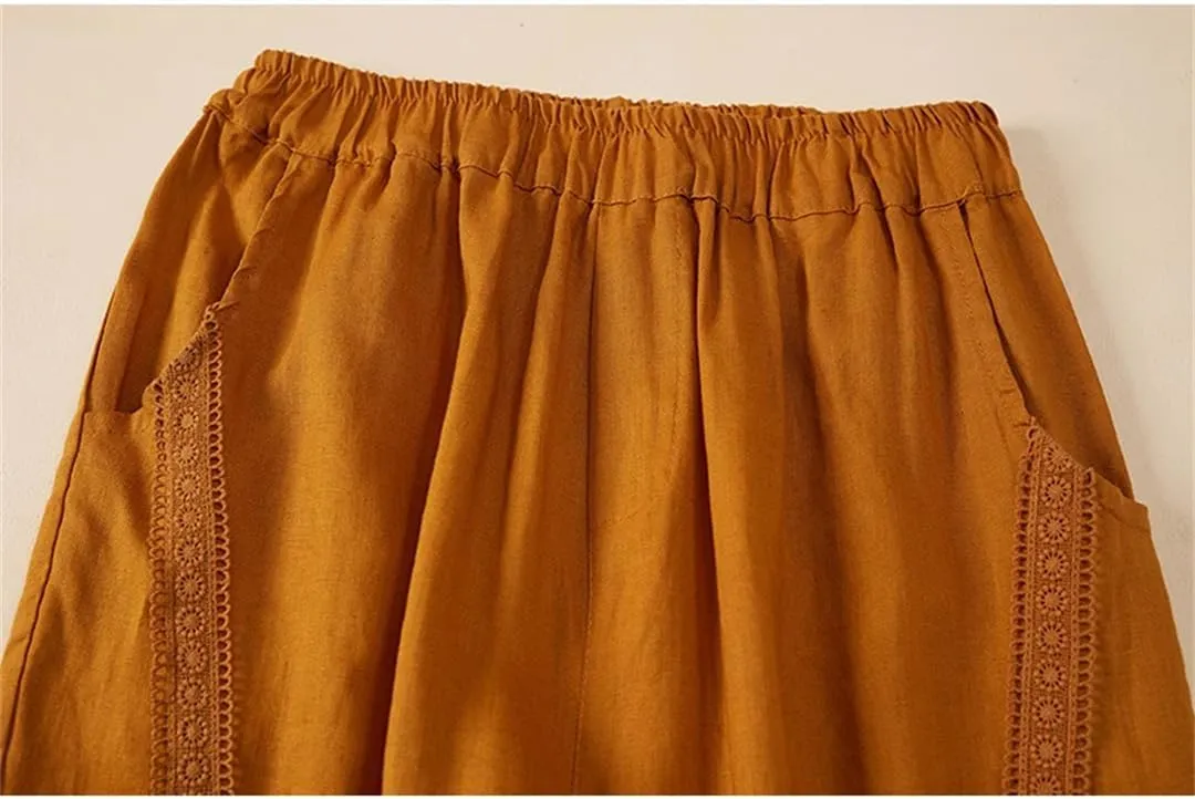 Dndrdhfb Women's High Waist Harem Pants Spliced Elastic Wide Leg Pants Cotton Trousers