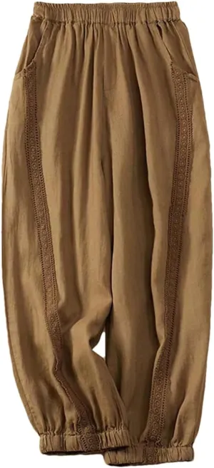 Dndrdhfb Women's High Waist Harem Pants Spliced Elastic Wide Leg Pants Cotton Trousers