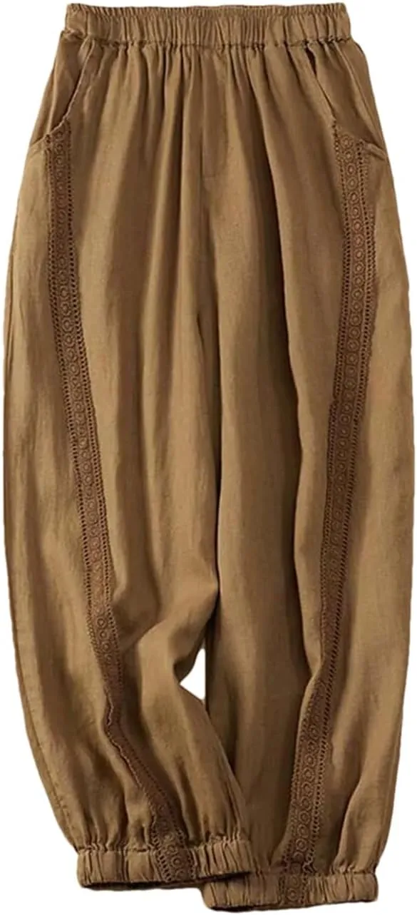 Dndrdhfb Women's High Waist Harem Pants Spliced Elastic Wide Leg Pants Cotton Trousers