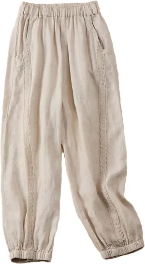 Dndrdhfb Women's High Waist Harem Pants Spliced Elastic Wide Leg Pants Cotton Trousers