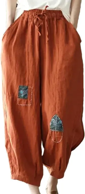 Dndrdhfb Women's Retro Elastic Waist Harem Pants Casual Sports Pants Women's Cotton Wide Leg Pants