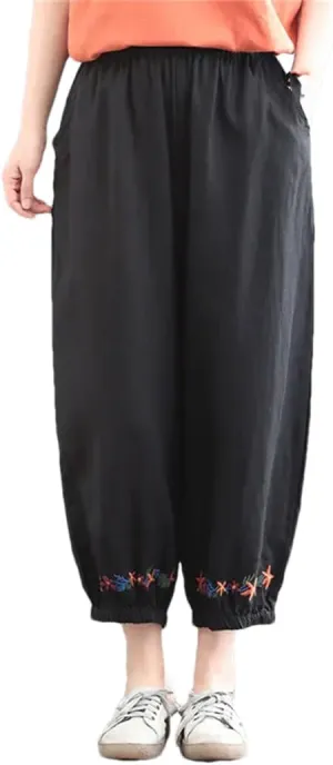 Dndrdhfb Women's Solid Color Boxer Harem Pants Loose High Waist Embroidered Straight Pants