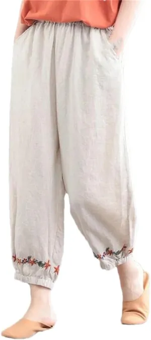 Dndrdhfb Women's Solid Color Boxer Harem Pants Loose High Waist Embroidered Straight Pants