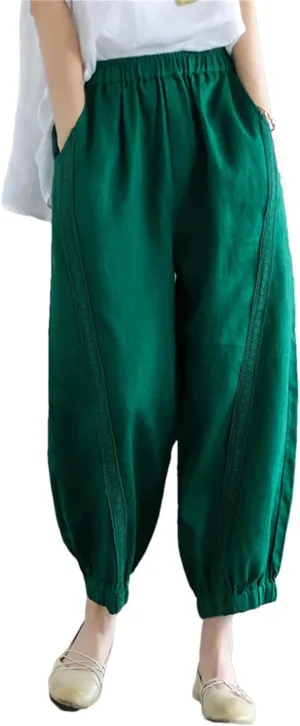 Dndrdhfb Women's Solid Color Harem Pants Casual Cotton Elastic Waist Bloomers Street Wear