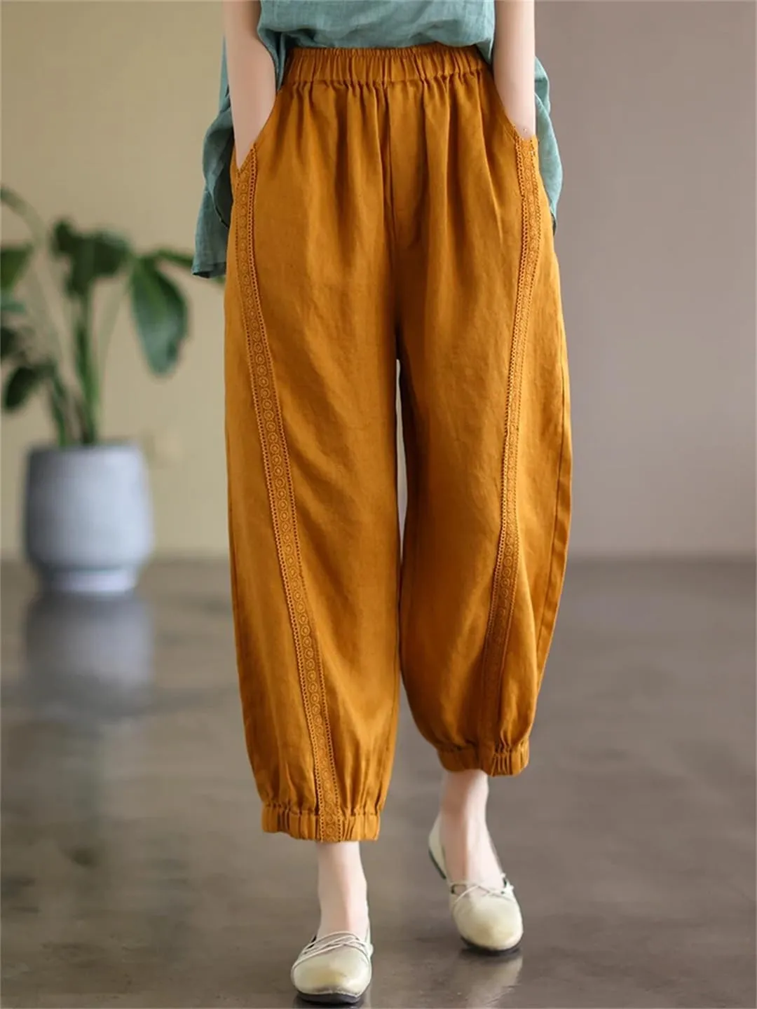 Dndrdhfb Women's Solid Color Harem Pants Casual Cotton Elastic Waist Bloomers Street Wear