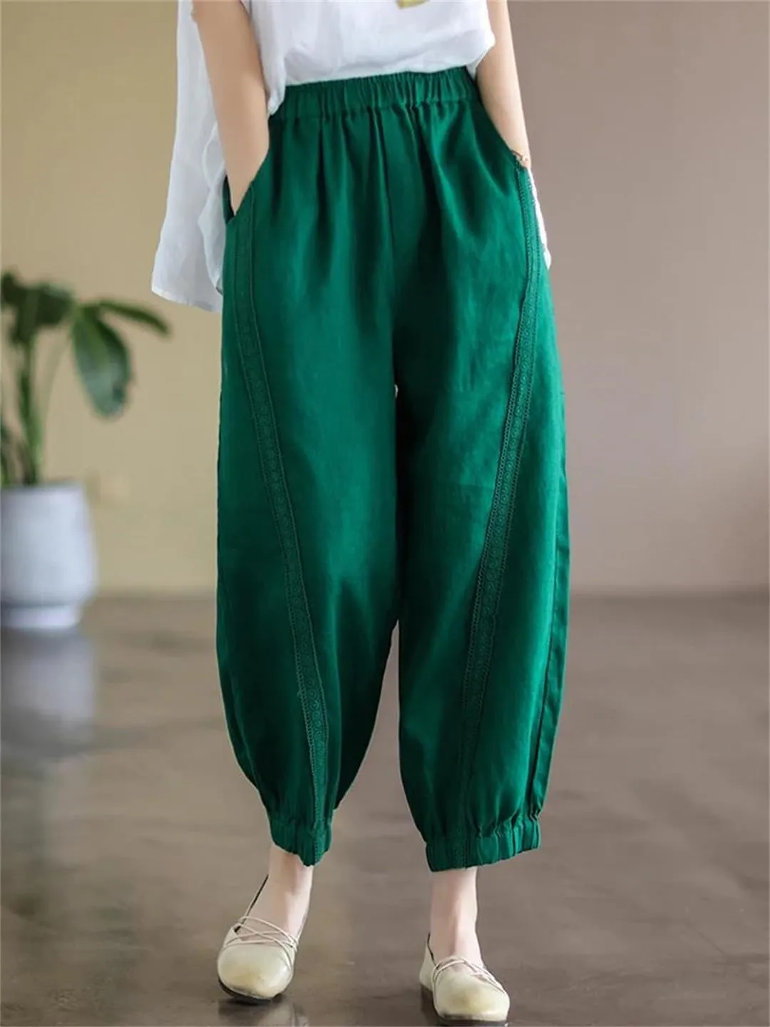 Dndrdhfb Women's Solid Color Harem Pants Casual Cotton Elastic Waist Bloomers Street Wear