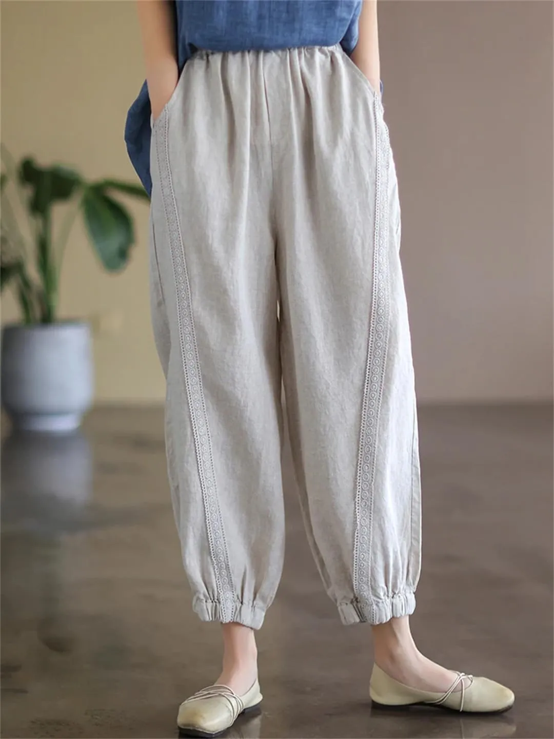 Dndrdhfb Women's Solid Color Harem Pants Casual Cotton Elastic Waist Bloomers Street Wear