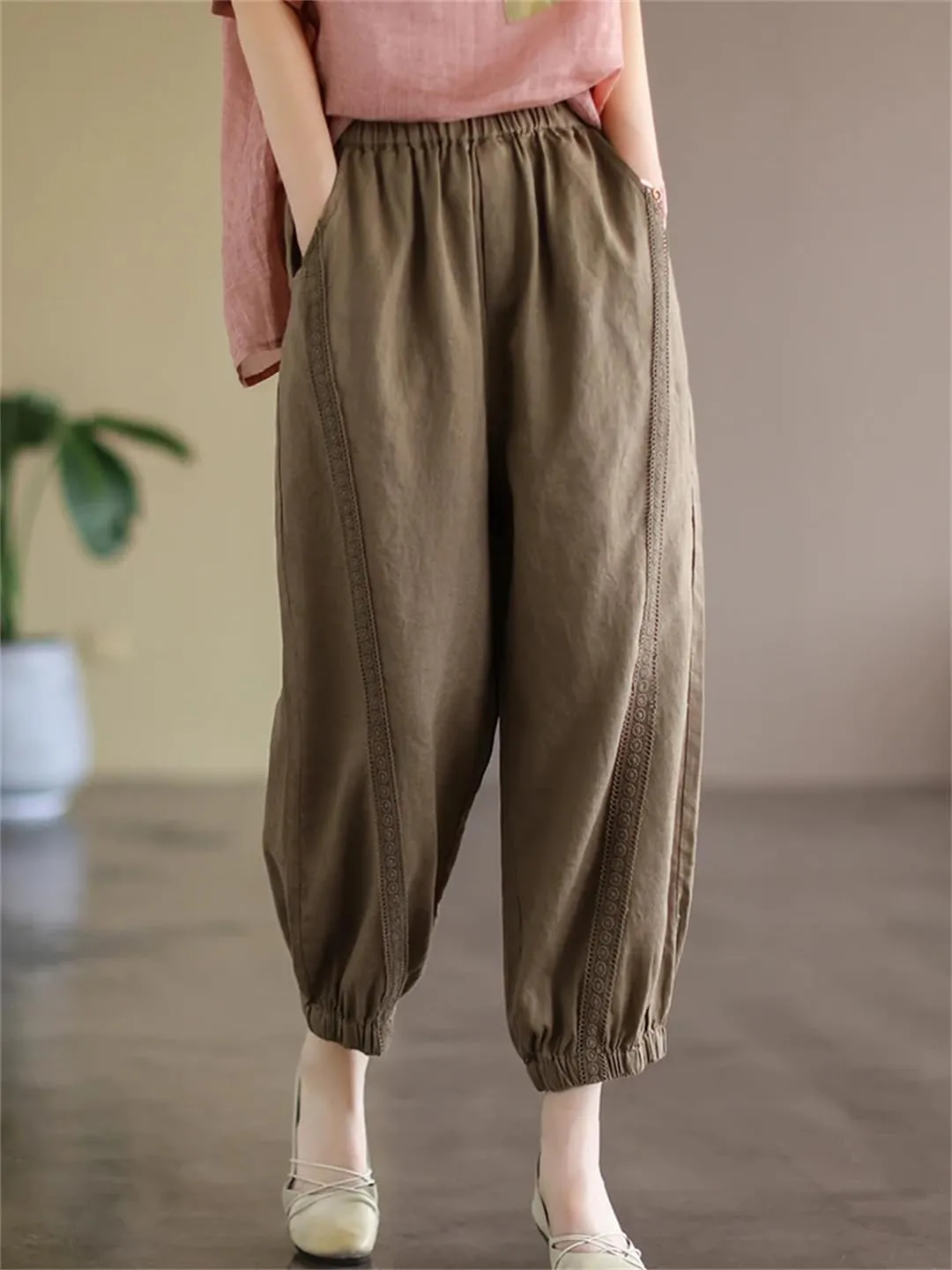 Dndrdhfb Women's Solid Color Harem Pants Casual Cotton Elastic Waist Bloomers Street Wear