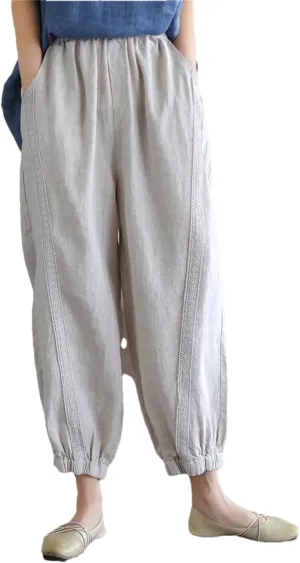 Dndrdhfb Women's Solid Color Harem Pants Casual Cotton Elastic Waist Bloomers Street Wear