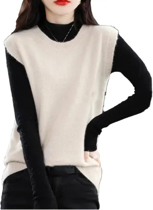Dndrdhfb Women's Wool Vest Round Neck Knitted Vest Casual Solid Color Pullover Sweater