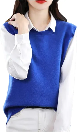 Dndrdhfb Women's Wool Vest Round Neck Knitted Vest Casual Solid Color Pullover Sweater