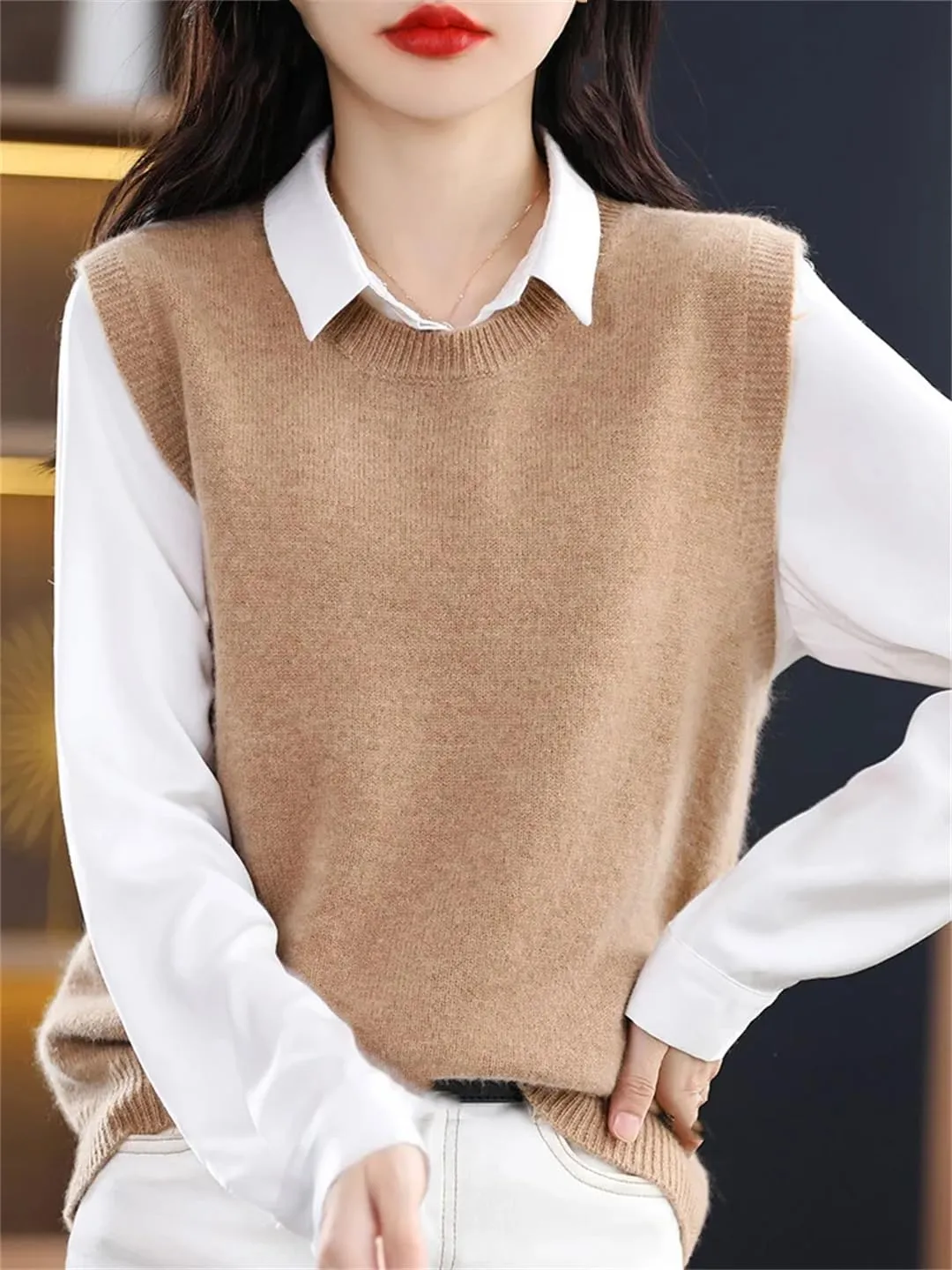 Dndrdhfb Women's Wool Vest Round Neck Knitted Vest Casual Solid Color Pullover Sweater