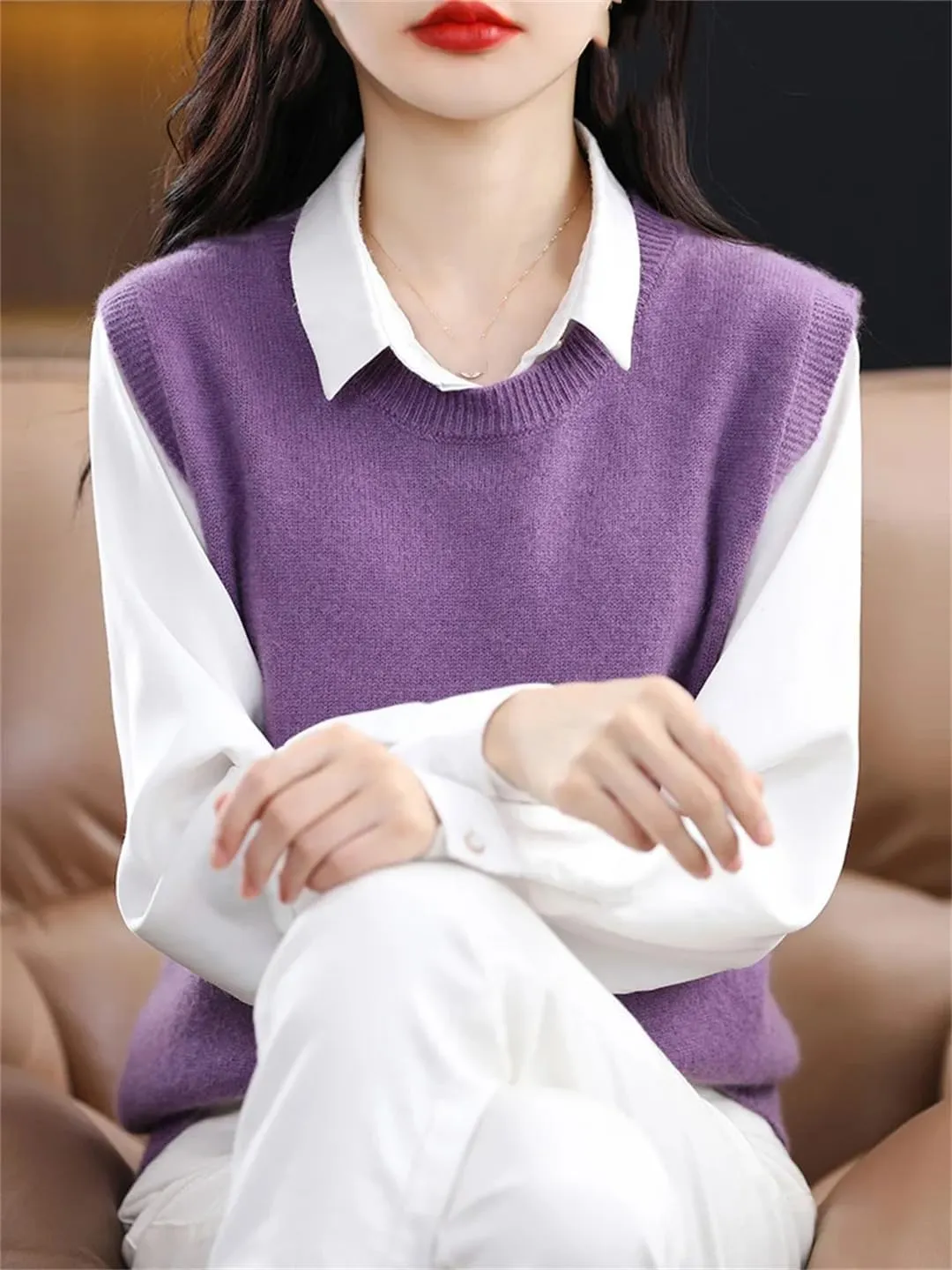 Dndrdhfb Women's Wool Vest Round Neck Knitted Vest Casual Solid Color Pullover Sweater