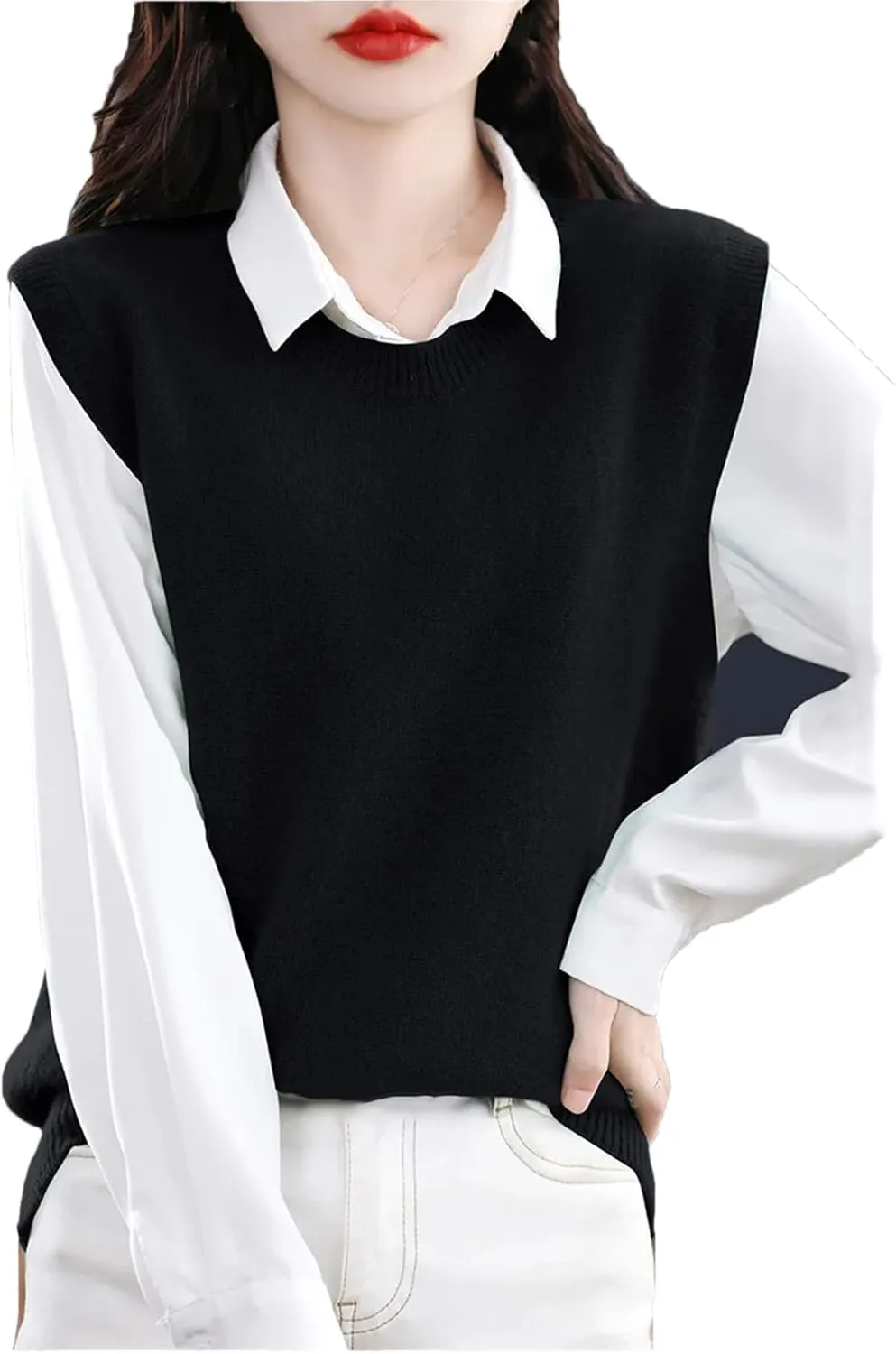 Dndrdhfb Women's Wool Vest Round Neck Knitted Vest Casual Solid Color Pullover Sweater
