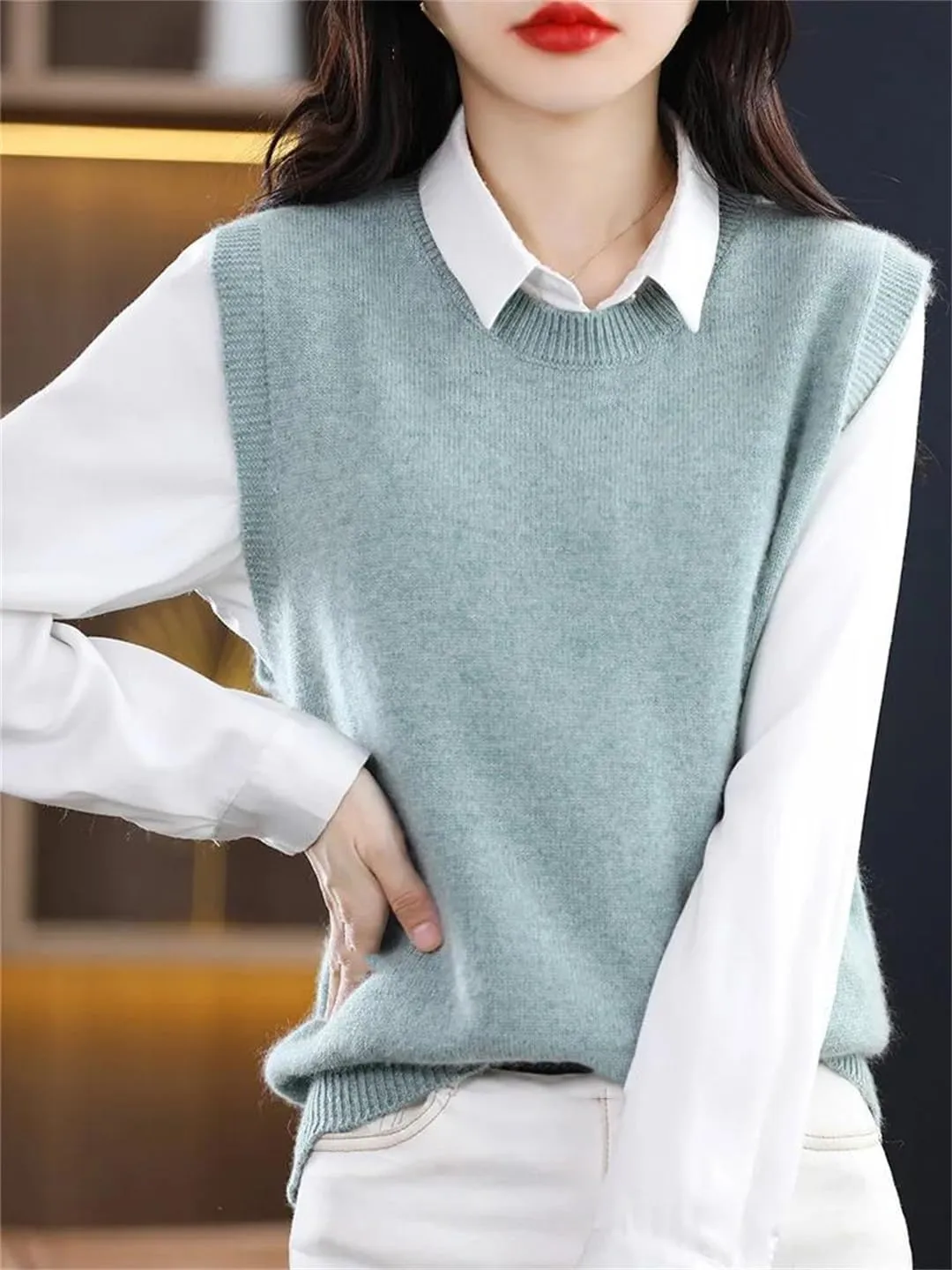 Dndrdhfb Women's Wool Vest Round Neck Knitted Vest Casual Solid Color Pullover Sweater