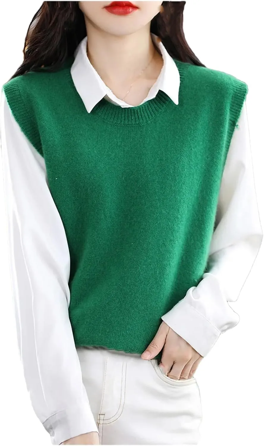 Dndrdhfb Women's Wool Vest Round Neck Knitted Vest Casual Solid Color Pullover Sweater