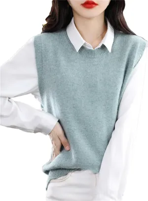 Dndrdhfb Women's Wool Vest Round Neck Knitted Vest Casual Solid Color Pullover Sweater