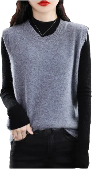 Dndrdhfb Women's Wool Vest Round Neck Knitted Vest Casual Solid Color Pullover Sweater