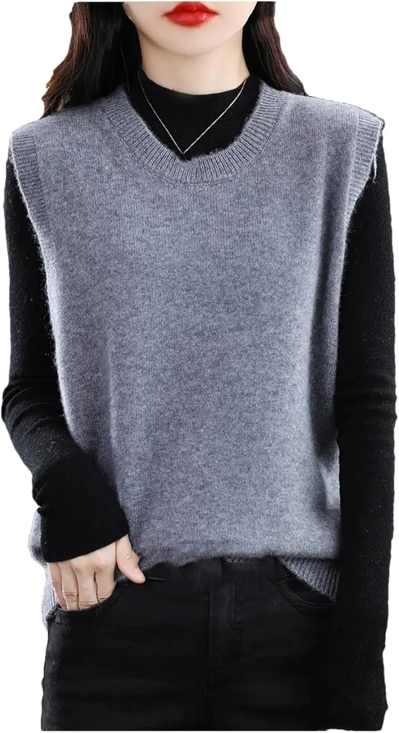 Dndrdhfb Women's Wool Vest Round Neck Knitted Vest Casual Solid Color Pullover Sweater