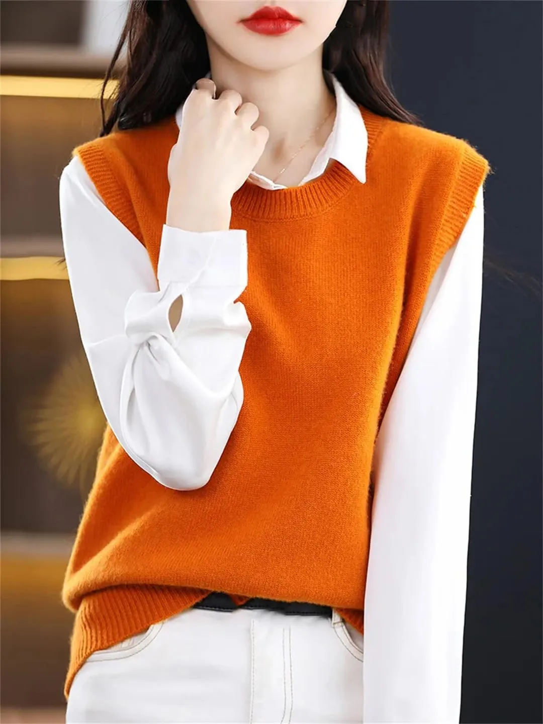 Dndrdhfb Women's Wool Vest Round Neck Knitted Vest Casual Solid Color Pullover Sweater