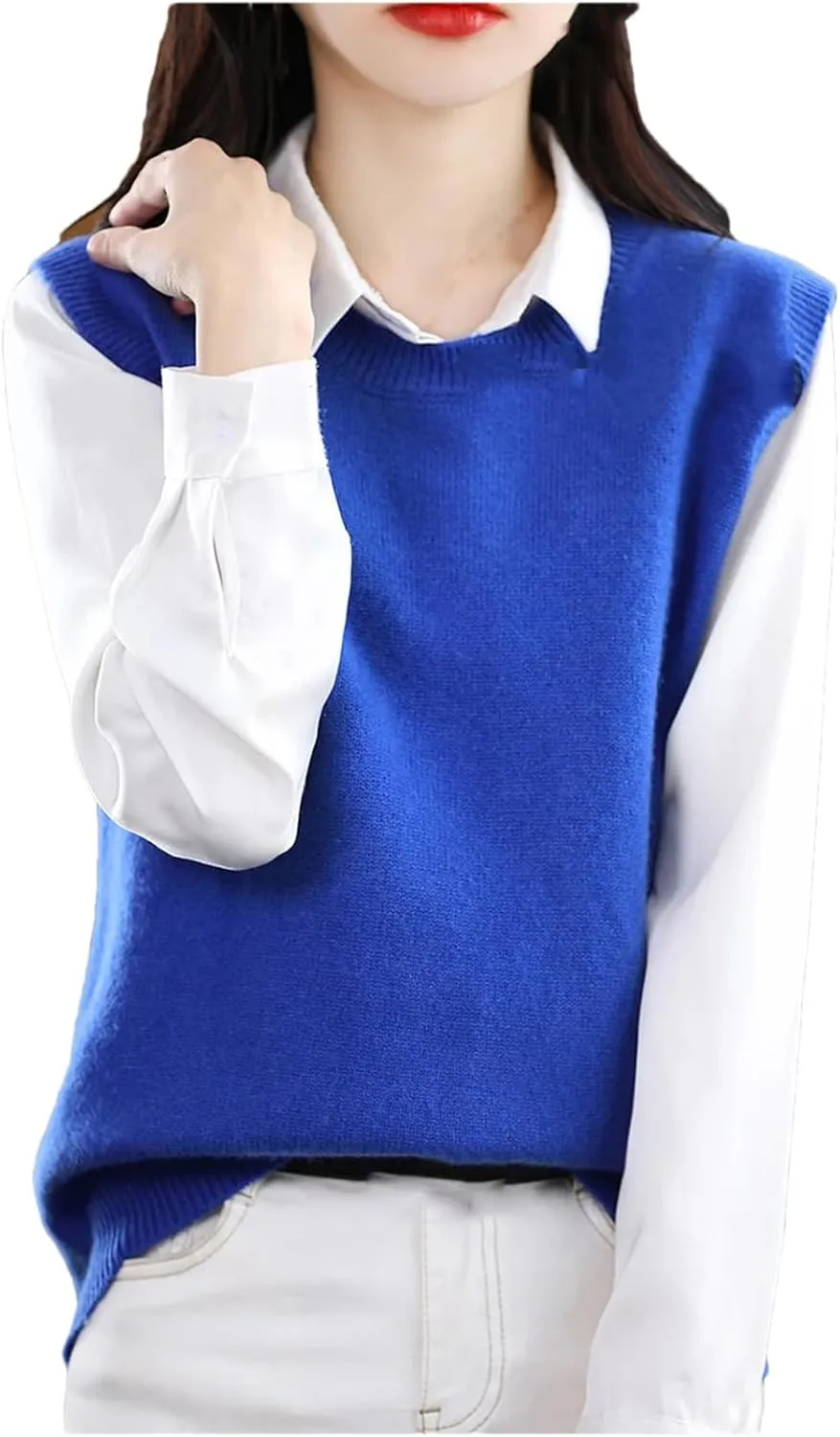 Dndrdhfb Women's Wool Vest Round Neck Knitted Vest Casual Solid Color Pullover Sweater