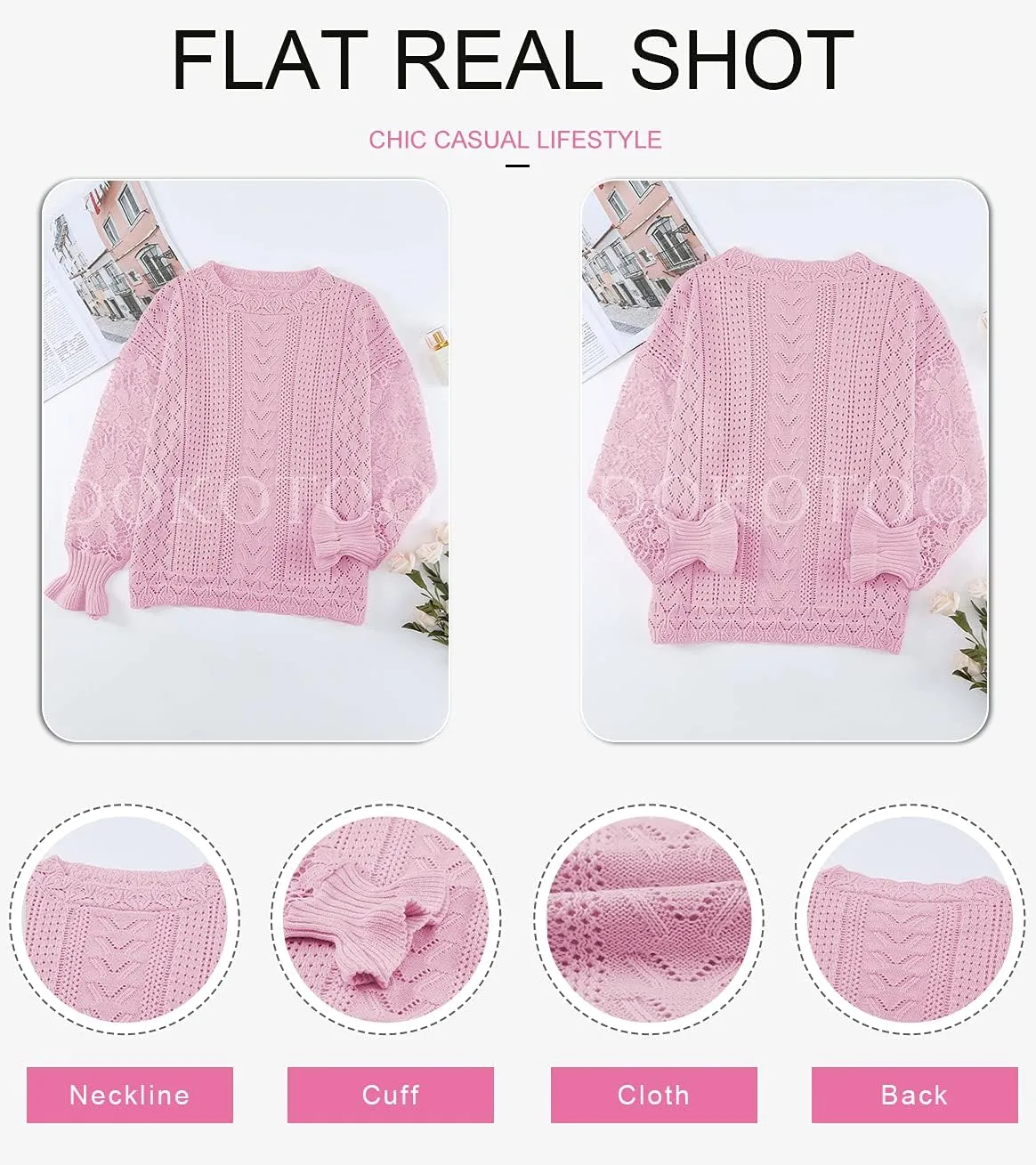 Dokotoo Womens Crewneck Crochet Lace Long Sleeve Hollow Out Cable Knit Sweaters Pullover Tops