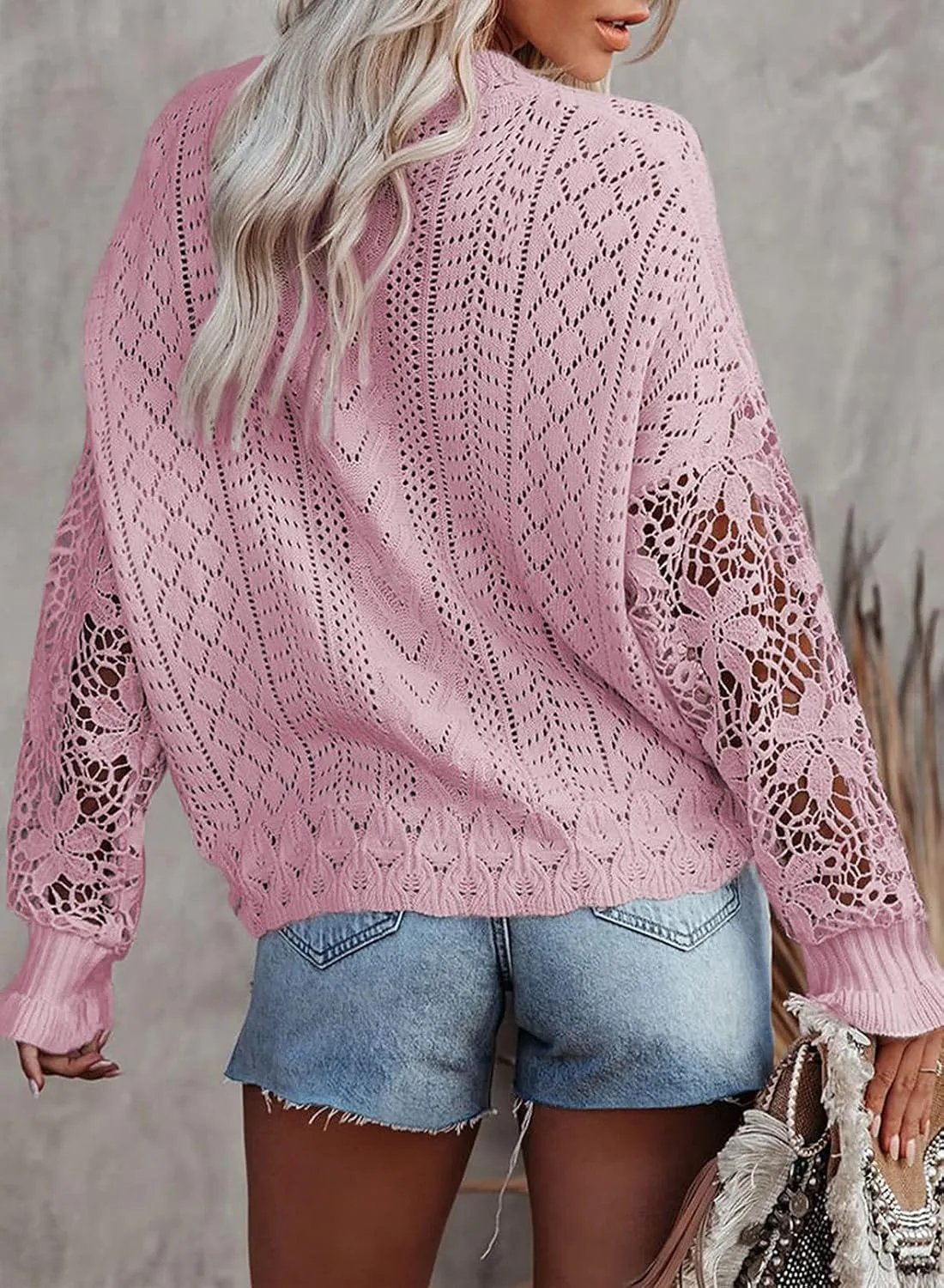 Dokotoo Womens Crewneck Crochet Lace Long Sleeve Hollow Out Cable Knit Sweaters Pullover Tops