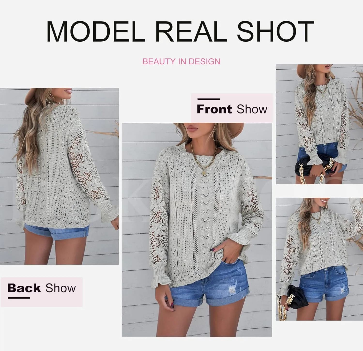 Dokotoo Womens Crewneck Crochet Lace Long Sleeve Hollow Out Cable Knit Sweaters Pullover Tops