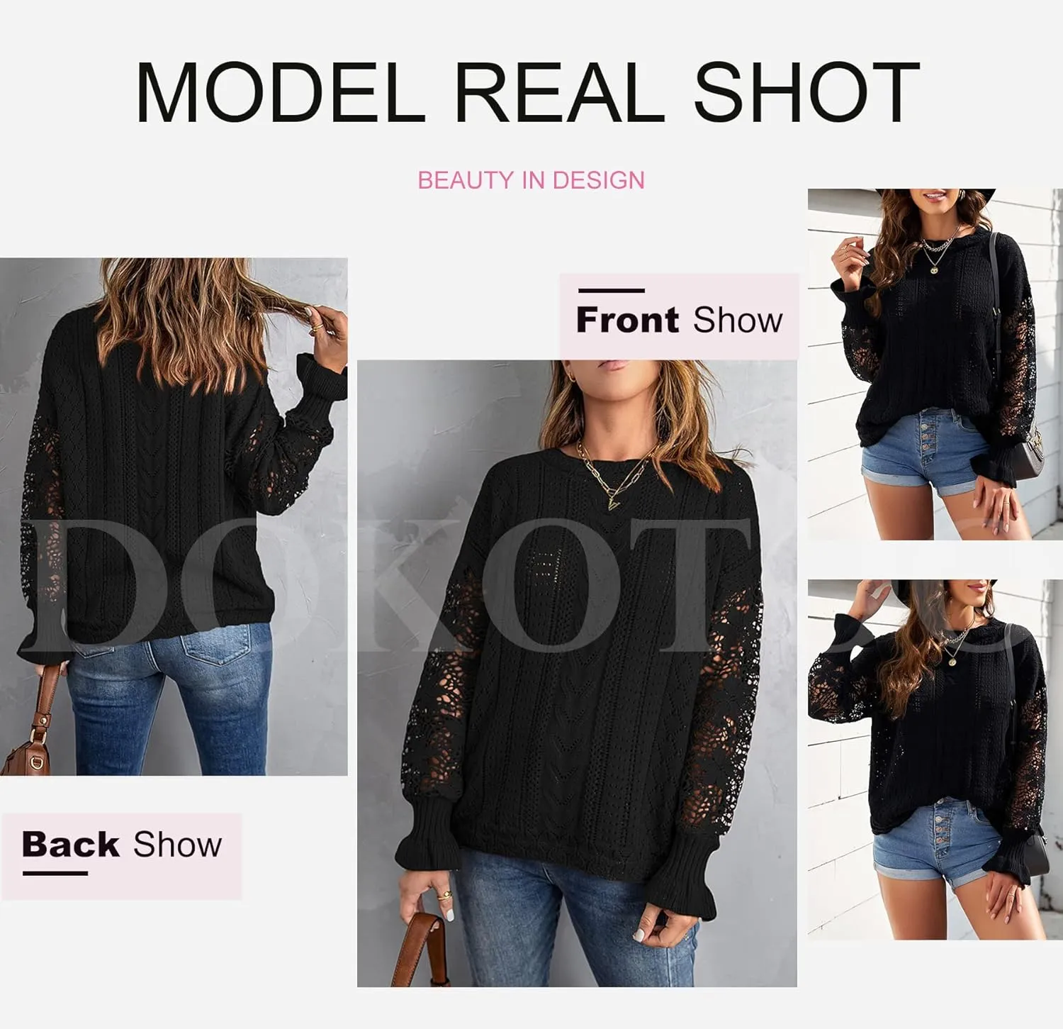Dokotoo Womens Crewneck Crochet Lace Long Sleeve Hollow Out Cable Knit Sweaters Pullover Tops