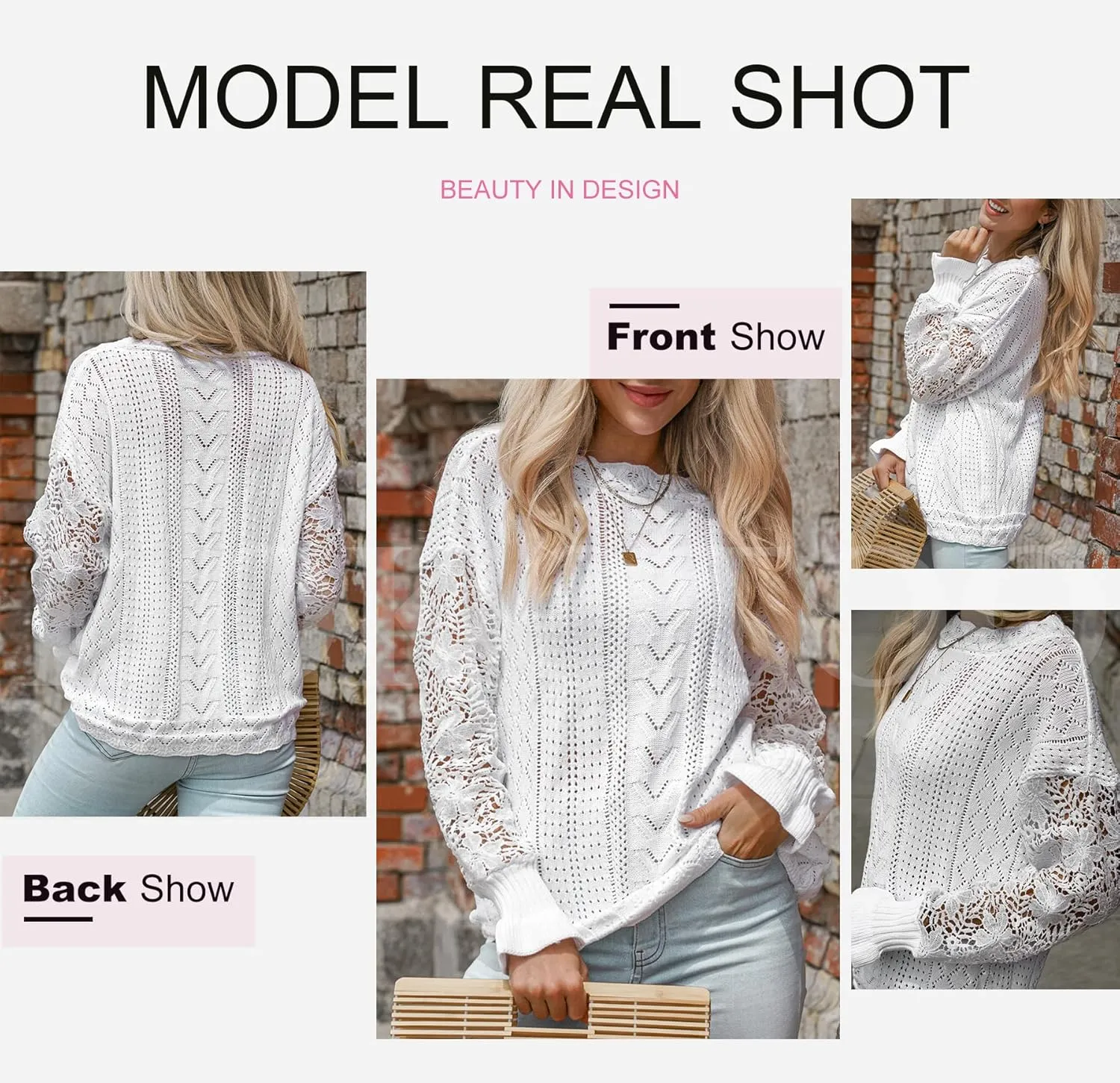 Dokotoo Womens Crewneck Crochet Lace Long Sleeve Hollow Out Cable Knit Sweaters Pullover Tops