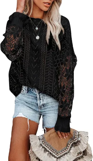 Dokotoo Womens Crewneck Crochet Lace Long Sleeve Hollow Out Cable Knit Sweaters Pullover Tops