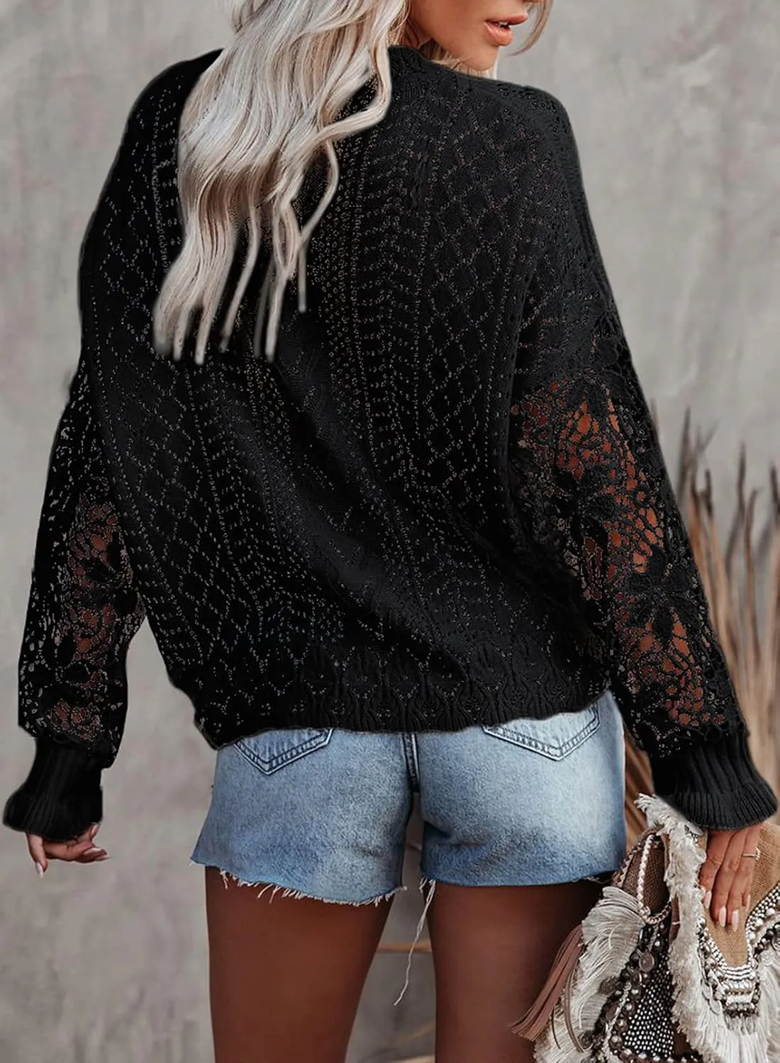 Dokotoo Womens Crewneck Crochet Lace Long Sleeve Hollow Out Cable Knit Sweaters Pullover Tops