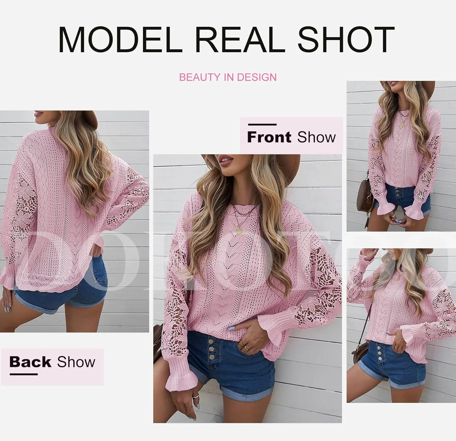 Dokotoo Womens Crewneck Crochet Lace Long Sleeve Hollow Out Cable Knit Sweaters Pullover Tops