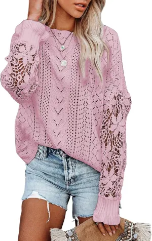 Dokotoo Womens Crewneck Crochet Lace Long Sleeve Hollow Out Cable Knit Sweaters Pullover Tops