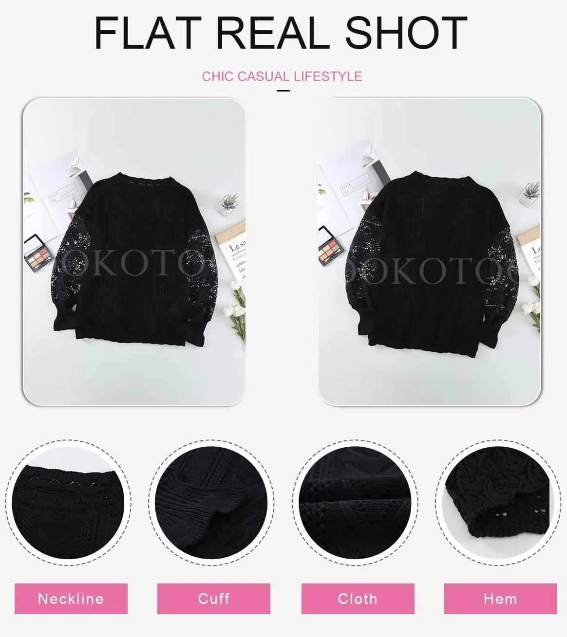 Dokotoo Womens Crewneck Crochet Lace Long Sleeve Hollow Out Cable Knit Sweaters Pullover Tops