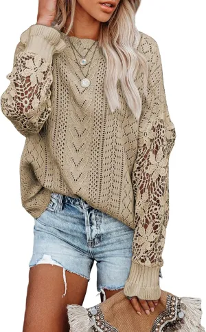 Dokotoo Womens Crewneck Crochet Lace Long Sleeve Hollow Out Cable Knit Sweaters Pullover Tops