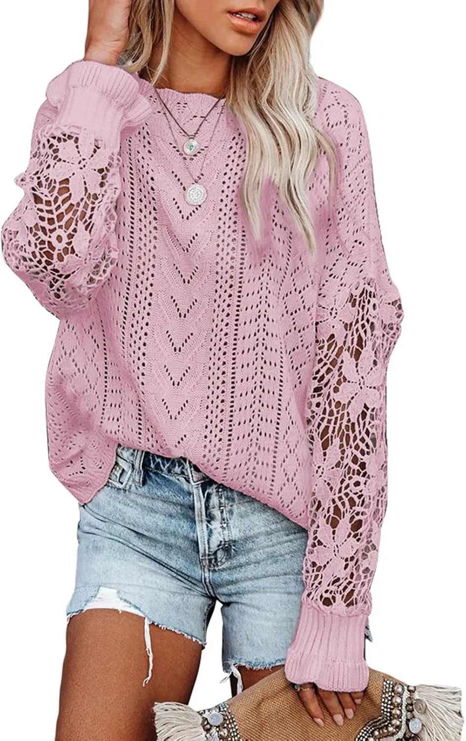 Dokotoo Womens Crewneck Crochet Lace Long Sleeve Hollow Out Cable Knit Sweaters Pullover Tops