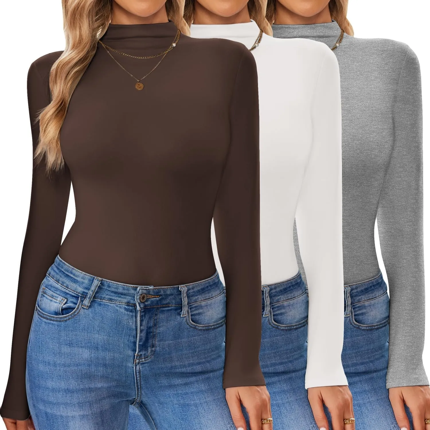 Ekouaer 3 Pack Turtleneck Shirt Women Long Sleeve Mock Neck Slim Fit Tops Winter Thermal Base Layer Soft Stretch Undershirts